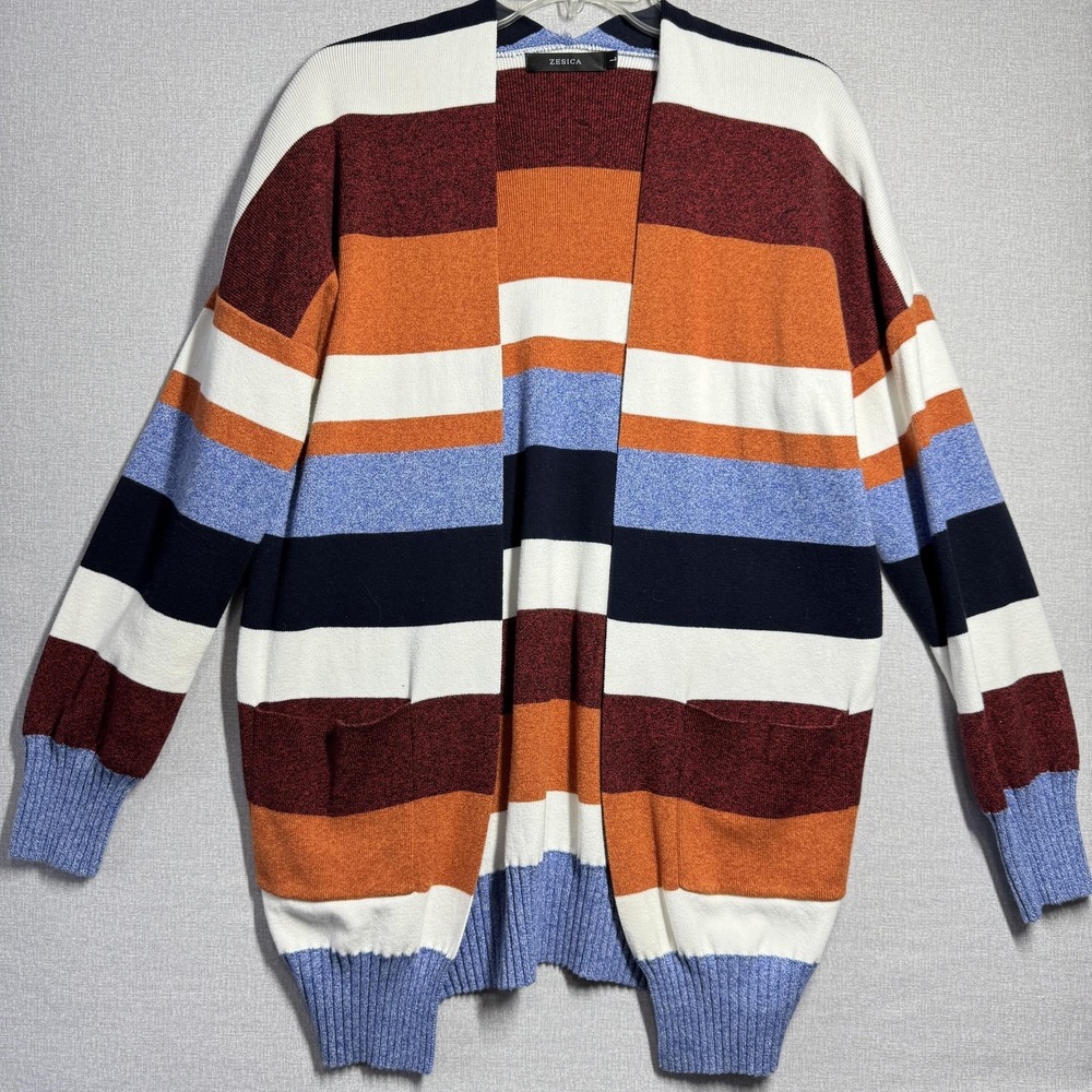 ZESICA Cardigan Sweater Womens Large Multicolor‎ Striped Open Front Pockets Knit